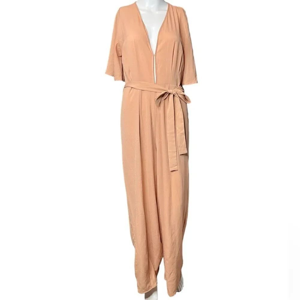 Favlux Angel Sleeve Belted Jumpsuit Pink Size Medium